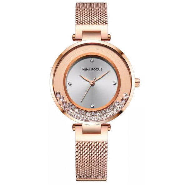 Mini Focus Rose Gold Mesh Bracelet Silver Dial Quartz Watch for Ladies - MF0254L-02