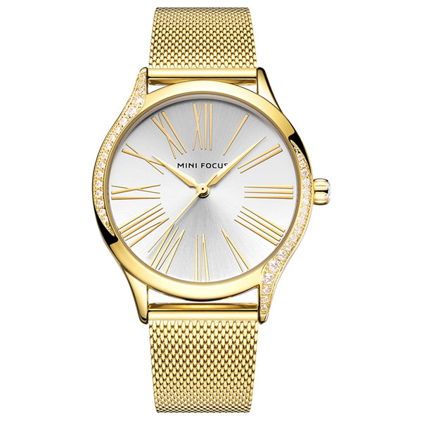 Mini Focus Gold Mesh Bracelet Silver Dial Quartz Watch for Ladies - MF0259L-01