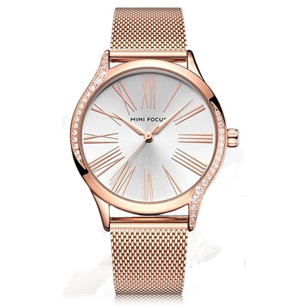 Mini Focus Rose Gold Mesh Bracelet Silver Dial Quartz Watch for Ladies - MF0259L-05