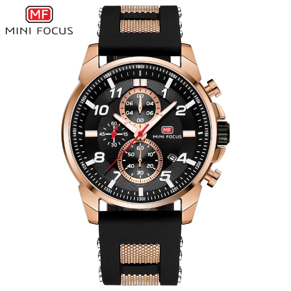 Mini Focus Black Silicone Strap Strap Black Dial Chronograph Quartz Watch for Gents - MF0268G-02