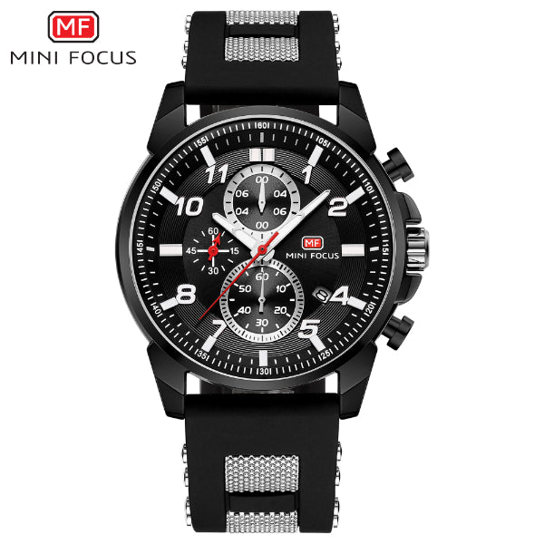 Mini Focus Black Silicone Strap Strap Black Dial Chronograph Quartz Watch for Gents - MF0268G-04