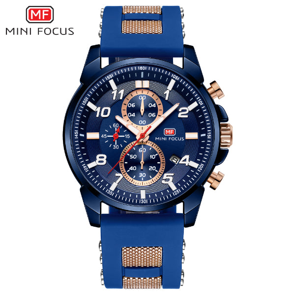 Mini Focus Blue Silicone Strap Strap Blue Dial Chronograph Quartz Watch for Gents - MF0268G-05