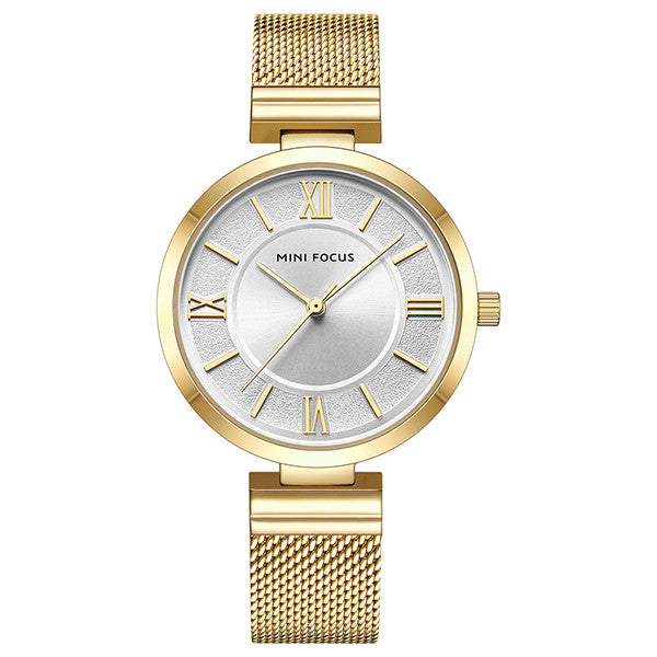 Mini Focus Gold Mesh Bracelet Silver Dial Quartz Watch for Ladies - MF0272L-05