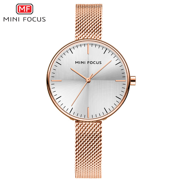 Mini Focus Rose Gold Mesh Bracelet Silver Dial Quartz Watch for Ladies - MF0275L-01