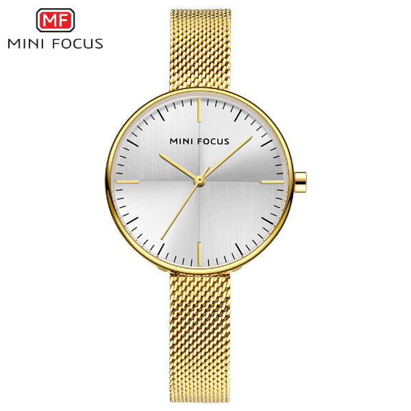 Mini Focus Gold Mesh Bracelet Silver Dial Quartz Watch for Ladies - MF0275L-05
