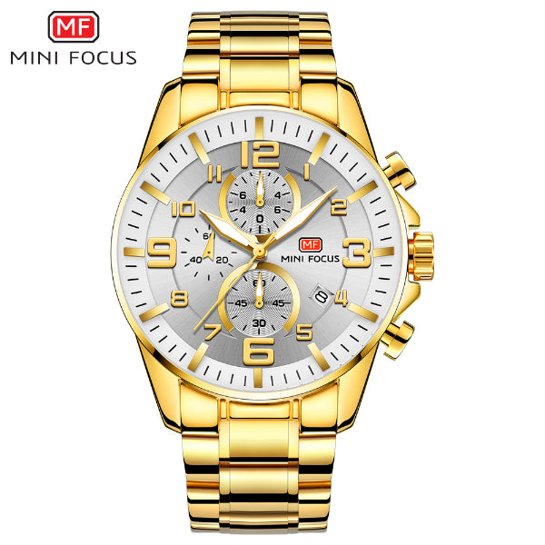 Mini Focus Gold Stainless Steel Silver Dial Chronograph Quartz Watch for Gents - MF0278G-02