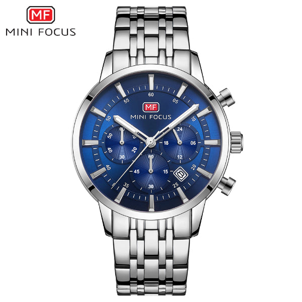 Mini Focus Silver Stainless Steel Blue Dial Chronograph Quartz Watch for Gents - MF0282G-03