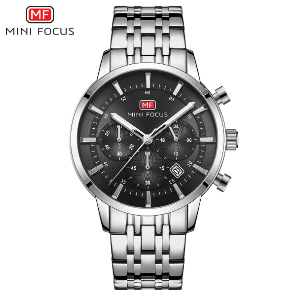 Mini Focus Silver Stainless Steel Black Dial Chronograph Quartz Watch for Gents - MF0282G-04