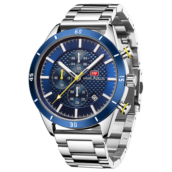 Mini Focus Silver Stainless Steel Blue Dial Chronograph Quartz Watch for Gents - MF0283G-03