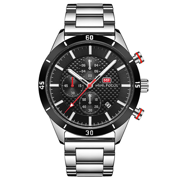 Mini Focus Silver Stainless Steel Black Dial Chronograph Quartz Watch for Gents - MF0283G-04