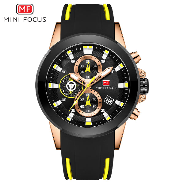 Mini Focus Black Silicone Strap Strap Black Dial Chronograph Quartz Watch for Gents - MF0287G-02