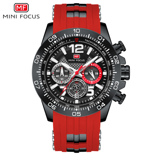 Mini Focus Red Silicone Strap Strap Black Dial Chronograph Quartz Watch for Gents - MF0290G-01