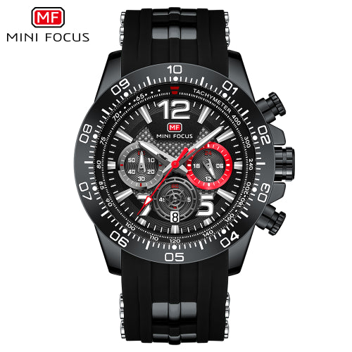 Mini Focus Black Silicone Strap Strap Black Dial Chronograph Quartz Watch for Gents - MF0290G-02