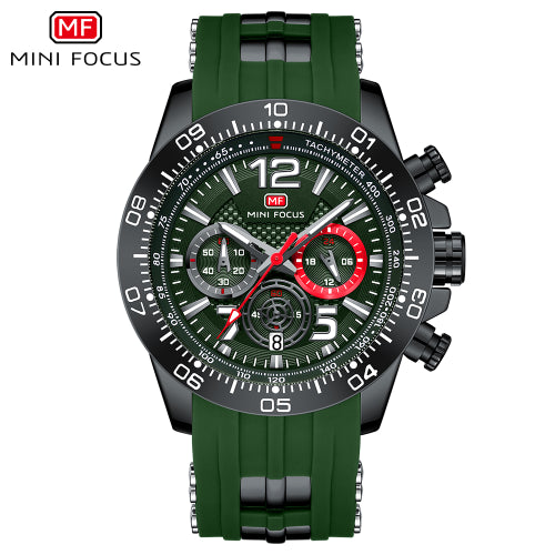 Mini Focus Green Silicone Strap Strap Green Dial Chronograph Quartz Watch for Gents - MF0290G-03