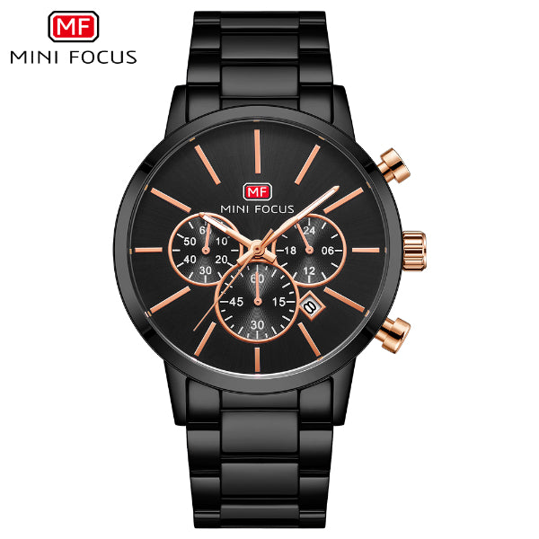Mini Focus Black Stainless Steel Black Dial Chronograph Quartz Watch for Gents - MF0294G-04