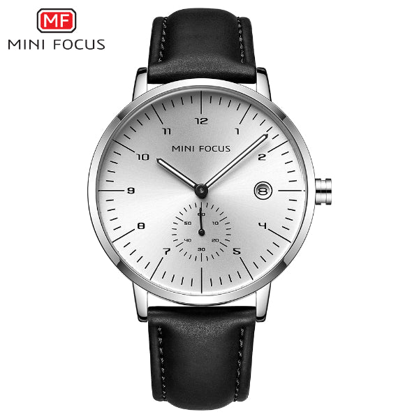 Mini Focus Black Leather Strap Silver Dial Quartz Watch for Gents - MF0303G-05