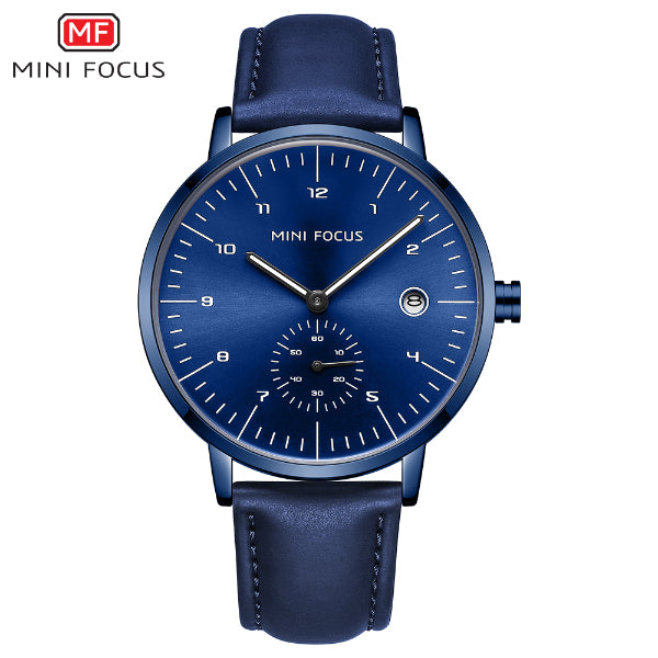 Mini Focus Blue Leather Strap Blue Dial Quartz Watch for Gents - MF0303G-07