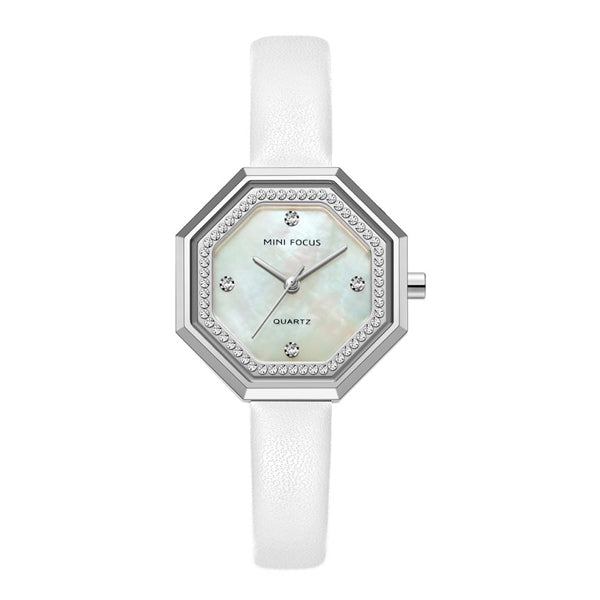 Mini Focus White Leather Strap Mother Of Pearl Dial Quartz Watch for Ladies - MF0304L-06
