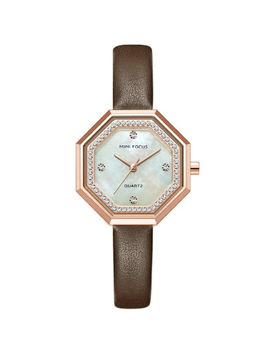 Mini Focus Brown Leather Strap Mother Of Pearl Dial Quartz Watch for Ladies - MF0304L-08