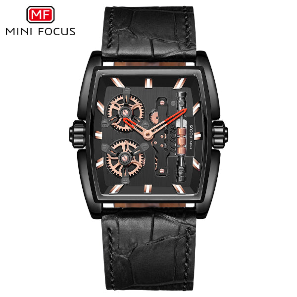 Mini Focus Black Leather Strap Black Dial Quartz Watch for Gents - MF0322G-04
