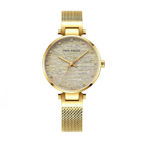 Mini Focus Gold Mesh Bracelet Gold Silk Dial Quartz Watch for Ladies - MF0328L-02