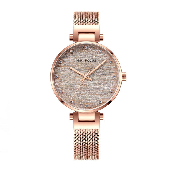 Mini Focus Rose Gold Mesh Bracelet Rose Gold Silk Dial Quartz Watch for Ladies - MF0328L-03