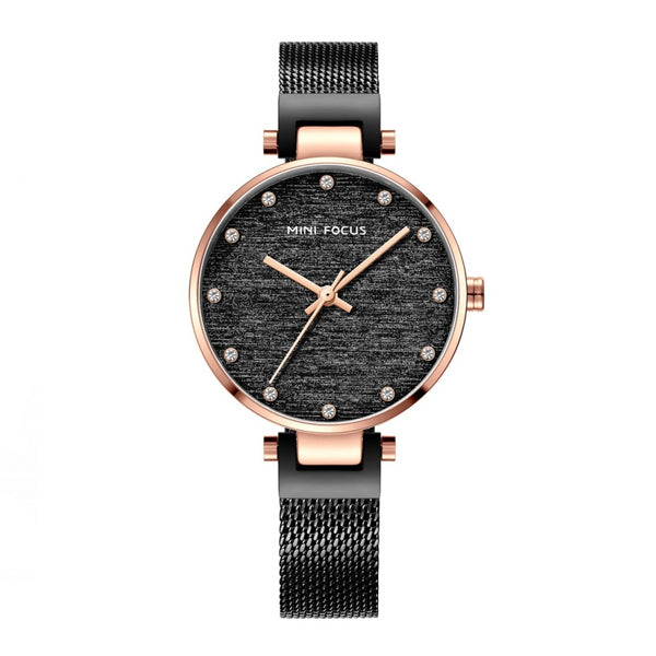 Mini Focus Black Mesh Bracelet Black Silk Dial Quartz Watch for Ladies - MF0328L-05