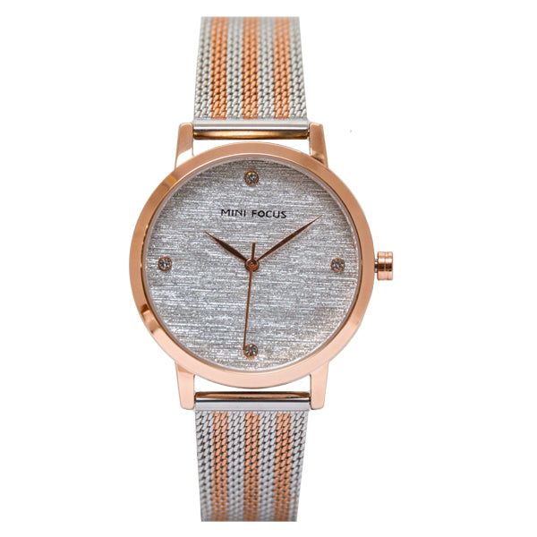 Mini Focus Two-tone Mesh Bracelet Silver Silk Dial Quartz Watch for Ladies - MF0329L-03