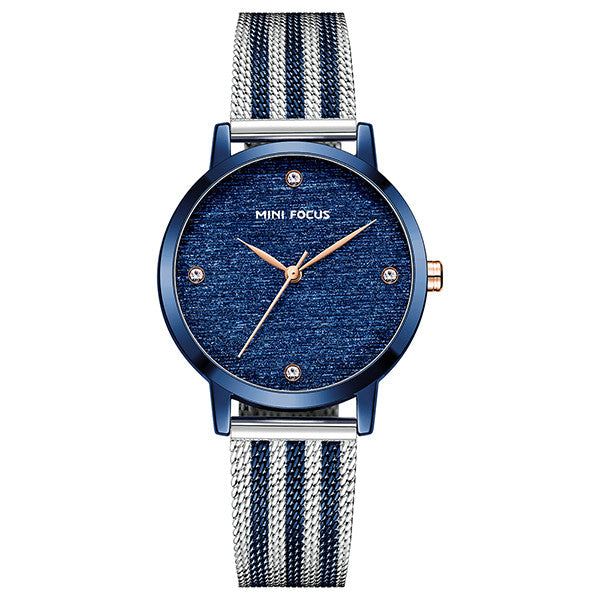 Mini Focus Two-tone Mesh Bracelet Blue Silk Dial Quartz Watch for Ladies - MF0329L-04
