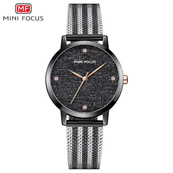 Mini Focus Two-tone Mesh Bracelet Black Silk Dial Quartz Watch for Ladies - MF0329L-05