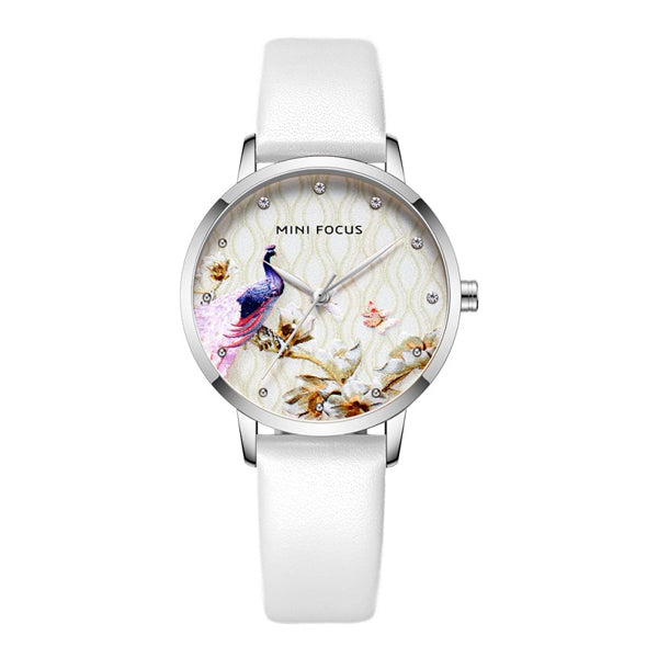 Mini Focus White Leather Strap Printed Dial Quartz Watch for Ladies - MF0330L-01
