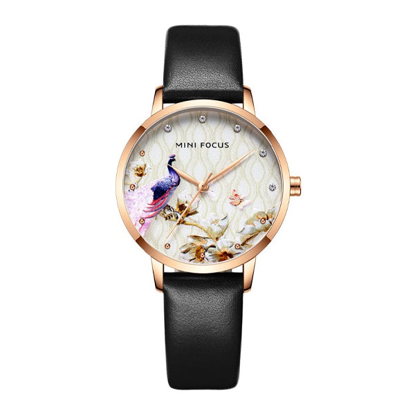 Mini Focus Black Leather Strap Printed Dial Quartz Watch for Ladies - MF0330L-05