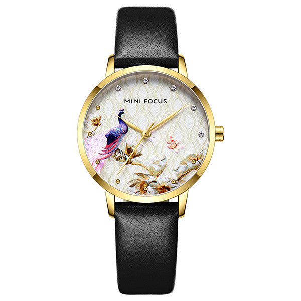 Mini Focus Black Leather Strap Printed Dial Quartz Watch for Ladies - MF0330L-02