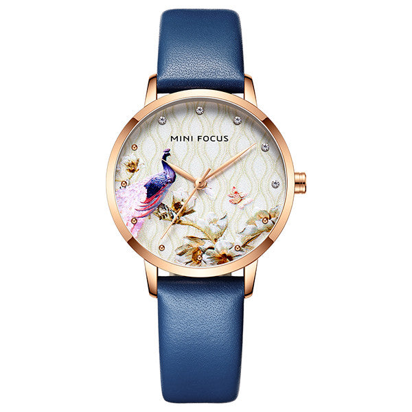 Mini Focus Blue Leather Strap Printed Dial Quartz Watch for Ladies - MF0330L-04
