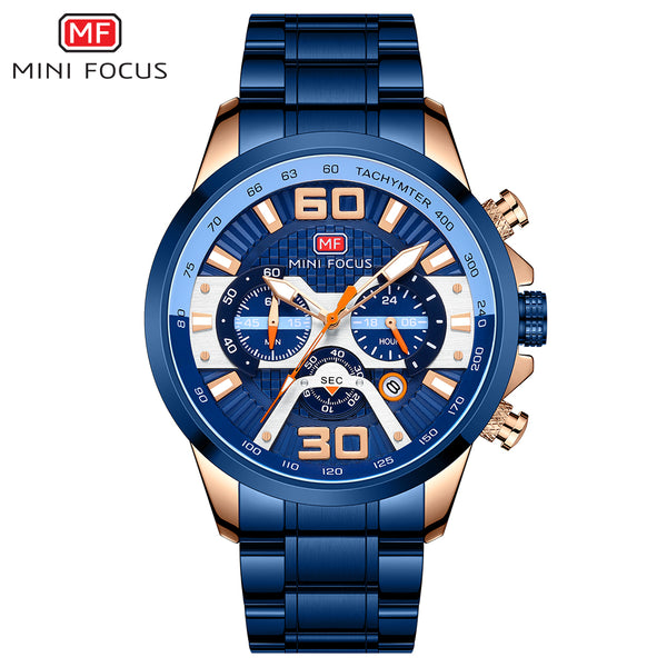Mini Focus Blue Stainless Steel Blue Dial Chronograph Quartz Watch for Gents - MF0336G-02
