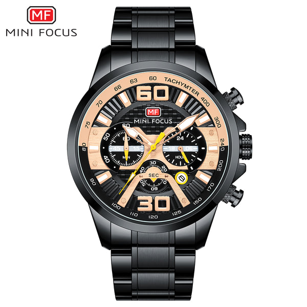 Mini Focus Black Stainless Steel Black Dial Chronograph Quartz Watch for Gents - MF0336G-05