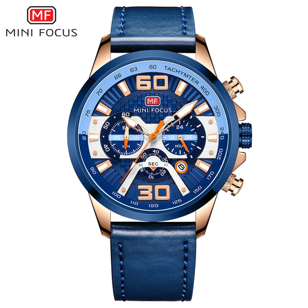 Mini Focus Blue Leather Strap Blue Dial Chronograph Quartz Watch for Gents - MF0336G-07