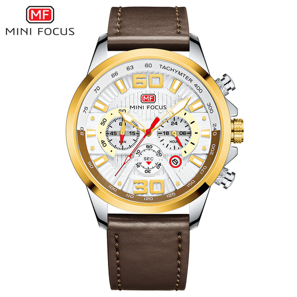 Mini Focus Brown Leather Strap White Dial Chronograph Quartz Watch for Gents - MF0336G-08