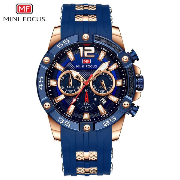 Mini Focus Blue Silicone Strap Strap Blue Dial Chronograph Quartz Watch for Gents - MF0349G-02