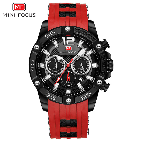 Mini Focus Red Silicone Strap Strap Black Dial Chronograph Quartz Watch for Gents - MF0349G-04
