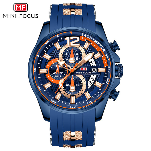 Mini Focus Blue Silicone Strap Strap Blue Dial Chronograph Quartz Watch for Gents - MF0350G-03