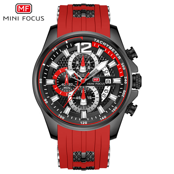 Mini Focus Red Silicone Strap Strap Black Dial Chronograph Quartz Watch for Gents - MF0350G-04