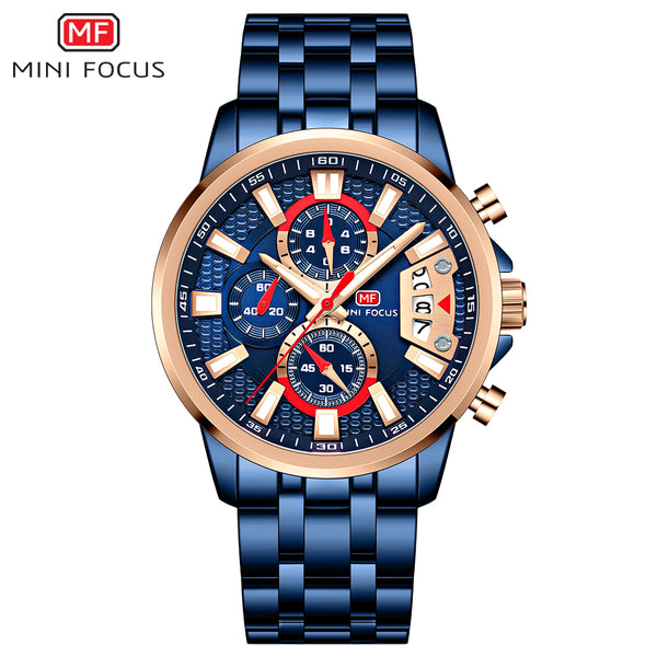 Mini Focus Blue Stainless Steel Blue Dial Chronograph Quartz Watch for Gents - MF0352G-03