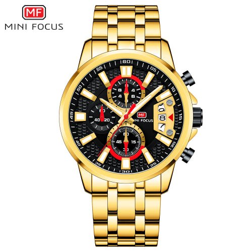 Mini Focus Gold Stainless Steel Black Dial Chronograph Quartz Watch for Gents - MF0352G-06