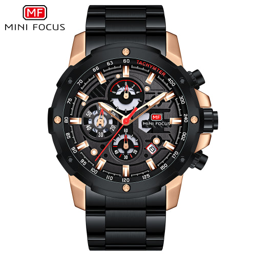 Mini Focus Black Stainless Steel Black Dial Chronograph Quartz Watch for Gents - MF0401G-02