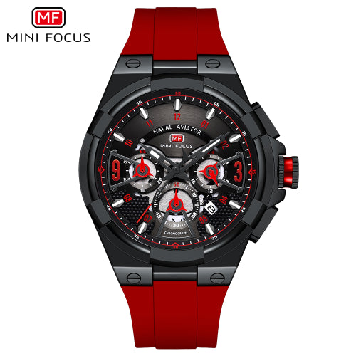 Mini Focus Red Silicone Strap Strap Black Dial Chronograph Quartz Watch for Gents - MF0402G-04