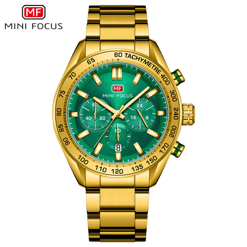 Mini Focus Gold Stainless Steel Green Dial Chronograph Quartz Watch for Gents - MF0403G-02