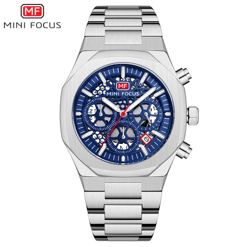 Mini Focus Silver Stainless Steel Blue Dial Chronograph Quartz Watch for Gents - MF0411G-01