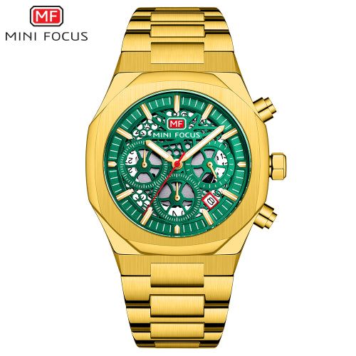 Mini Focus Gold Stainless Steel Green Dial Chronograph Quartz Watch for Gents - MF0411G-02