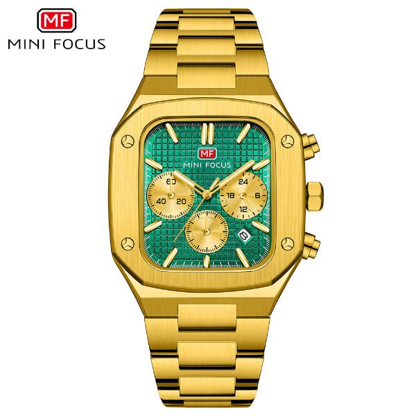 Mini Focus Gold Stainless Steel Green Dial Chronograph Quartz Watch for Gents - MF0414G-02